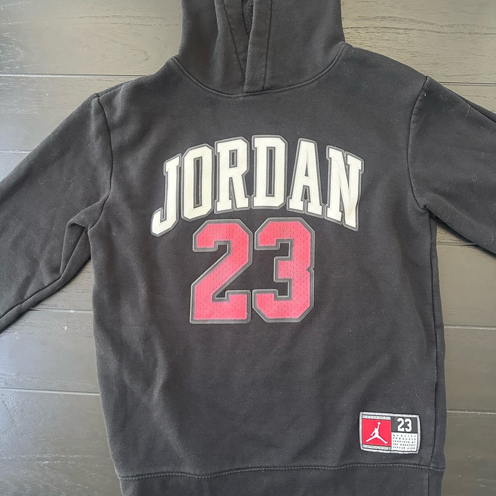 Jordan Black Hoodie with Red and White Accents youth Large 12-13. Basketball